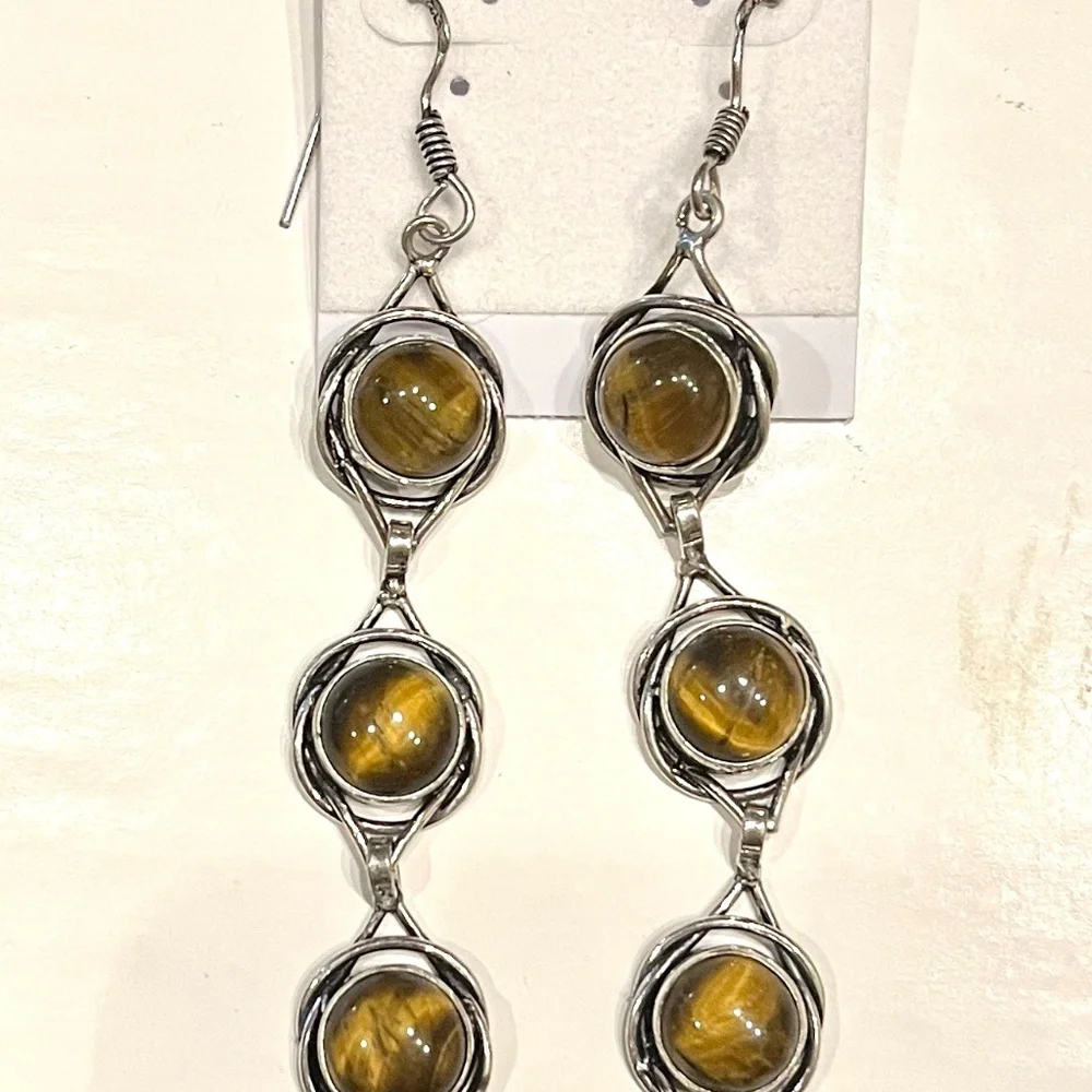 NWT Genuine Tiger Eye in 925 Sterling Silver Earrings - Picture 1 of 1